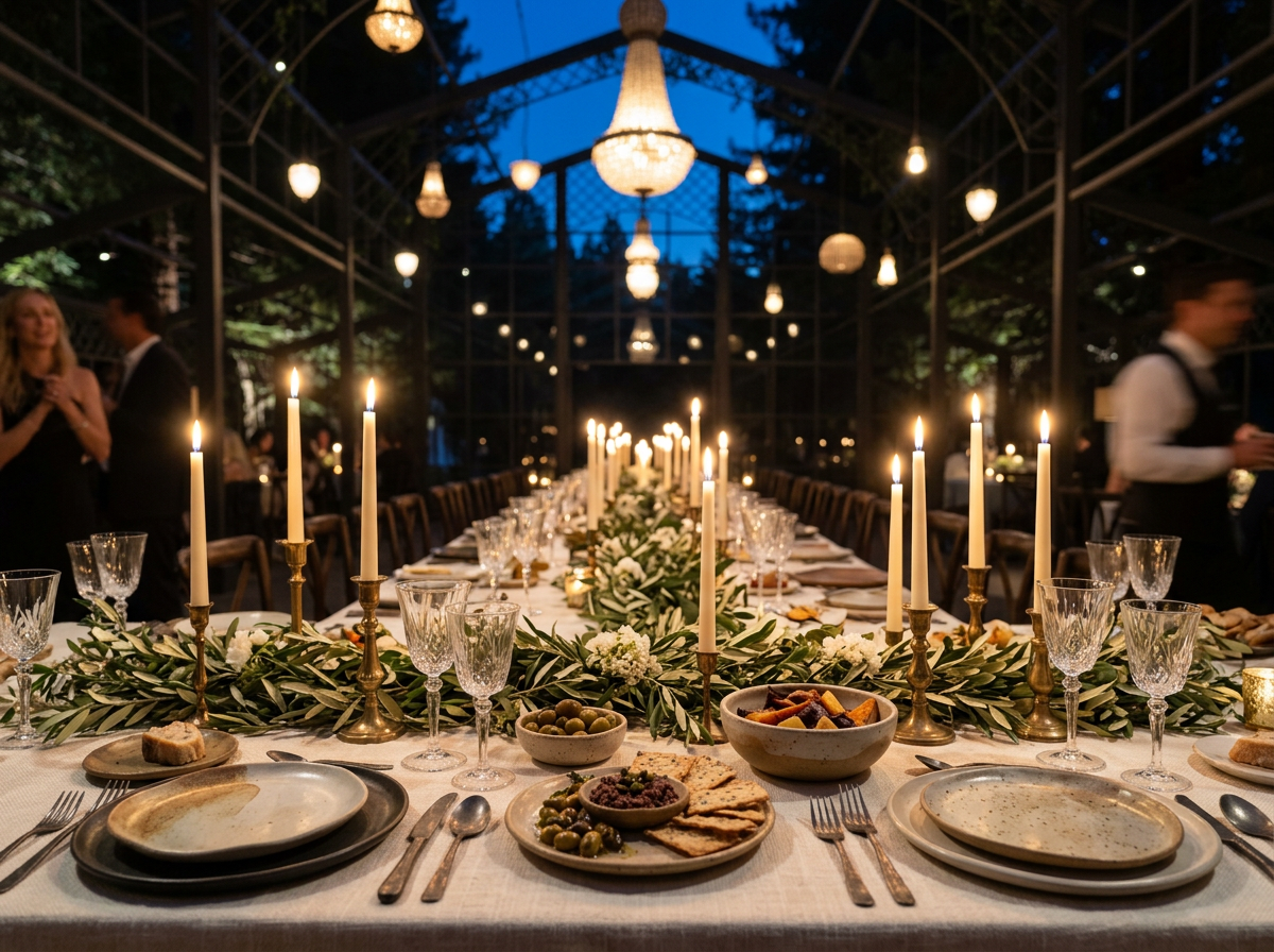 Candlelit dinner table inside the iron pavilion